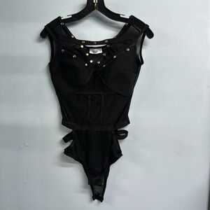 Studded Mesh Statement Bodysuit in Black & Gold
